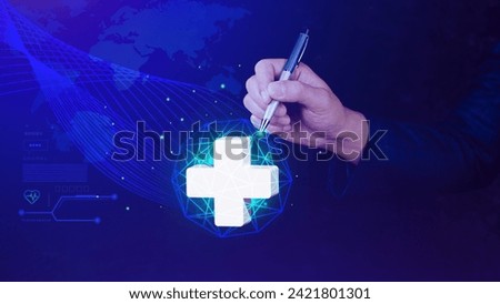 holding plus icon for health care medical, icon virtual medical health care with medical network connection, People health care awareness rising growth of medical health and life insurance business.