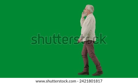 Portrait of aged bearded man on chroma key green screen background. Full shot senior man walking and talking on smartphone, profile view.