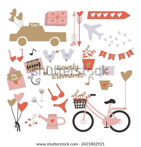 Big set of creative clip arts to Saint Valentine's Day. different hand drawn love flat icons collection isolated on white background. Bike, car, balloons, hearts, pigeons - for Valentine's Day