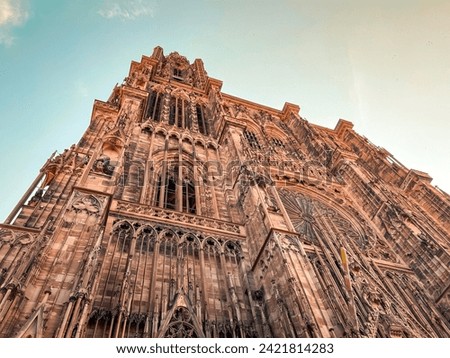 The Cathedral of Notre Dame Strasbourg is a masterpiece of Gothic art. Construction of the Romanesque cathedral began in 1015. The spire was completed in 1439. Located in  Strasbourg, France.