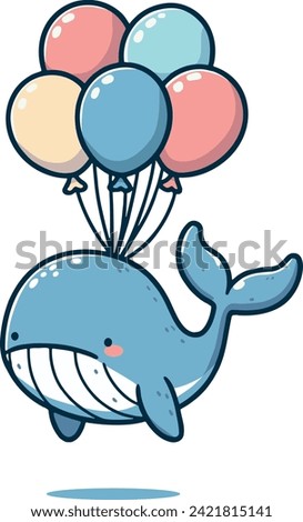 blue whale flying on colored balloons vector drawing
