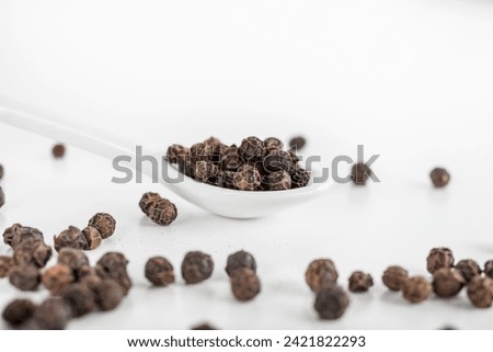 Dry black pepper in ceramic white spoon on white background