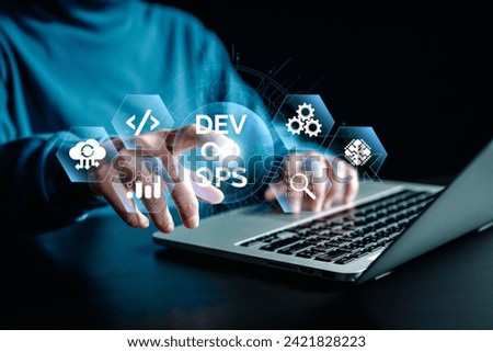 Programmer working on software development on a laptop with dev ops icons virtual screen, IT operations project,
Developer builds applications with an agile method to deliver at fast, dev ops concept