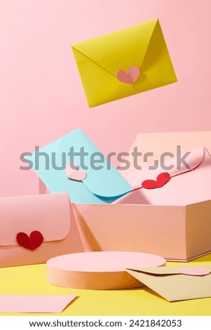 Front view of a empty podium displayed on pink background with a gift box and cute handmade paper cards. Minimalist scene for advertising, space for design. Women's day decoration