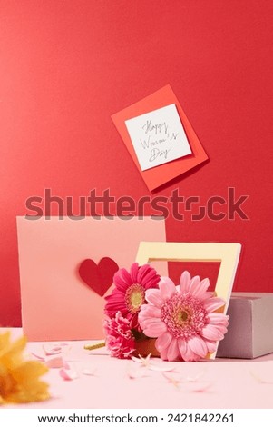 A note with the words happy women's day stuck on a red background. A wooden picture frame, a greeting card and fresh flowers are displayed with a women's day theme.
