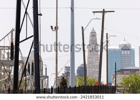 Decrepit industry and infrastructure frame the downtown skyline of Kansas City, Missouri, USA.