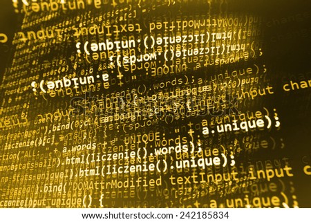 Modern display of data source code. Programming code abstract screen of software developer. Computer script. Yellow orange golden dark color.