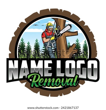Tree cutting and removal logo vector. Stump removal logo design template. Stump Removal Mascot Logo Design Royalty-Free Stock Photo #2421867137