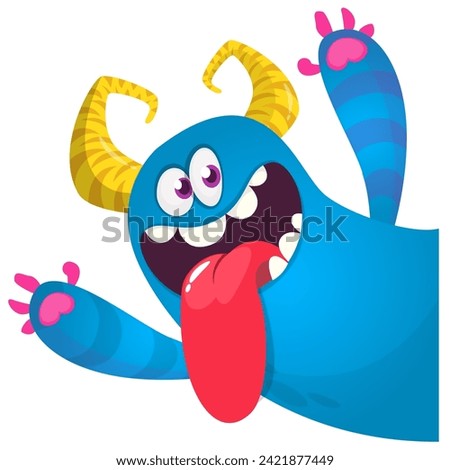 Cartoon scary monster with funny face expression waving hands . Vector illustration isolated on white. Halloween design