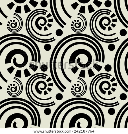 art black graphic geometric seamless pattern, square background with spiral shape ornament