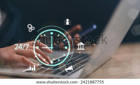 Nonstop service 24 hr concept. 24 7 with a clock on hand for worldwide nonstop and full-time available contact of service concept. customer service. Royalty-Free Stock Photo #2421887755