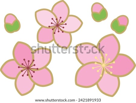 Japanese-style icon illustration of pretty pink peach blossoms with gold borders and buds