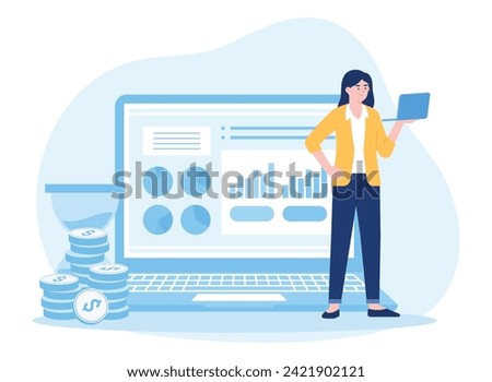 investors with laptops monitor growth and invest capital  analyze profit graphs trending concept flat illustration