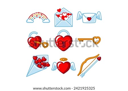 set of valentine colorful illustration, label, frame, element design for valentine's day with heart, rainbow, envelope, letter, key, padlock, wing, bucket, bow and arrow