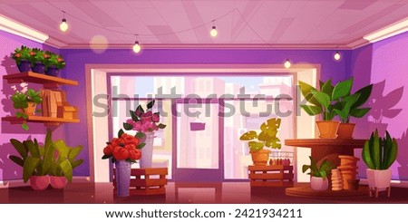 Flower shop interior design. Vector cartoon illustration of floral store with large glass window, open sign on door, blooming plants with green leaves in pots, paper bags on shelf, cityscape view Royalty-Free Stock Photo #2421934211