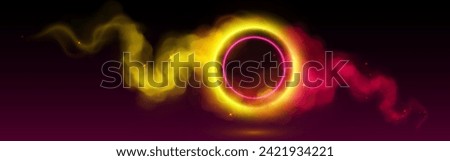 Neon ring in clouds of pink and yellow smoke on dark background. Vector realistic illustration of light circle portal glowing in shimmering mist with sparkles, game avatar, night club show design