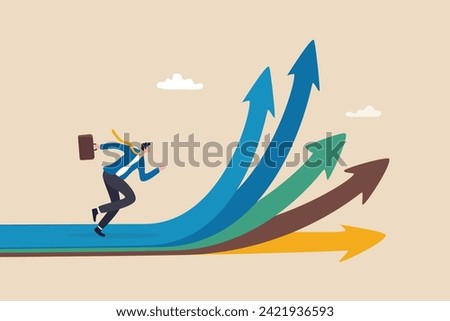 Career decision, choosing direction choices for future opportunity, different path to success, decide or progress options for career growth concept, businessman running to different arrow pathway. Royalty-Free Stock Photo #2421936593