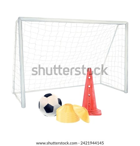 Soccer football goal net watercolor drawing. Cone gate mesh ball. Sports gear train team. Competition penalty match goalkeeper. Isolated white background. Athlete training barrier signal play stadium