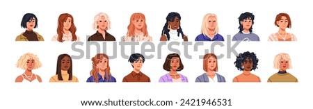 Women avatars, modern hairstyles set. Female portraits, trendy long and short hair styles, hairdos. Girls characters with fashion stylish haircut. Flat vector illustration isolated on white background Royalty-Free Stock Photo #2421946531