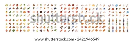 Groceries icons set. Food products bundle. Vegetables, fruits, meat, fish, bakery, sweet confectionery, dairy, spirits, alcohol. Flat graphic vector illustrations isolated on white background Royalty-Free Stock Photo #2421946549