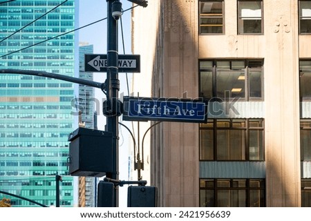 A blue "Fifth Ave" street sign with a "One Way" sign against a backdrop of urban buildings and clear sky.