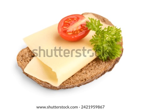 Tasty sandwich with cheese, tomato and parsley on white background Royalty-Free Stock Photo #2421959867