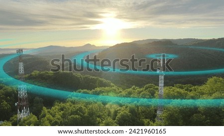 Telecommunication Tower Emitting Dangerous Radiation In Green Nature. 3D graphic Royalty-Free Stock Photo #2421960165