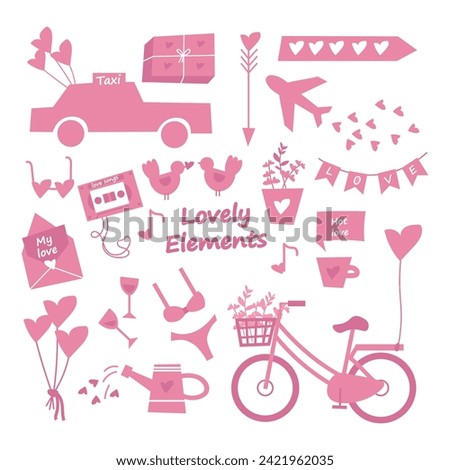 Big set of creative pink clip arts to Saint Valentine's Day. different hand drawn love flat icons collection isolated on white background. Bike, car, balloons, hearts, pigeons - for Valentine's Day
