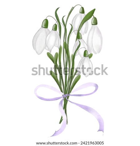 Snowdrops watercolor botanical flowers in elegant bouquet with ribbon. Hand drawing on isolated white background. Spring first woodland plants for Mother's Day, March 8 and Easter card designs