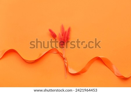 Ribbon and dried grass on orange background