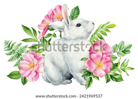 Happy Easter watercolor card, Easter rabbit, spring pink flower pastel color Isolated background. Watercolor flora decor