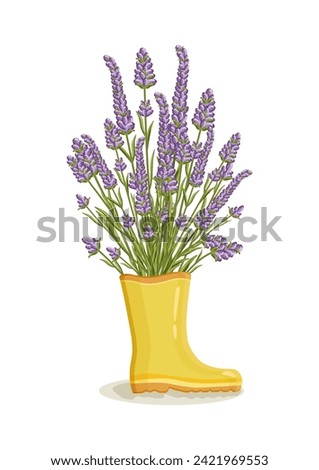 Bouquet of lavender flowers in yellow rain boots. Spring composition for women's day, mother's day, birthday and other holidays. Spring floral design isolated vector illustration.