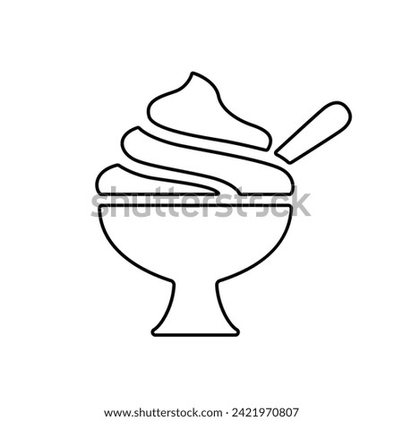 Ice cream cup line icon, black outline on white. Soft serve gelato or sundae in glass with spoon. Vector clipart sign or logo for web design and print, illustration of summer street food.