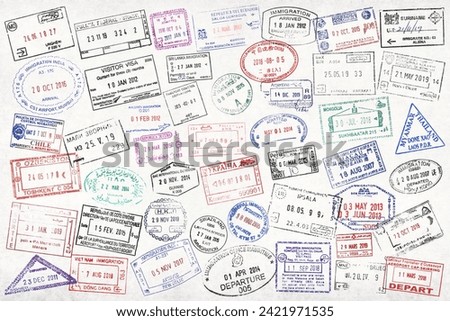 Close-up on a bunch of worldwide passport stamps.