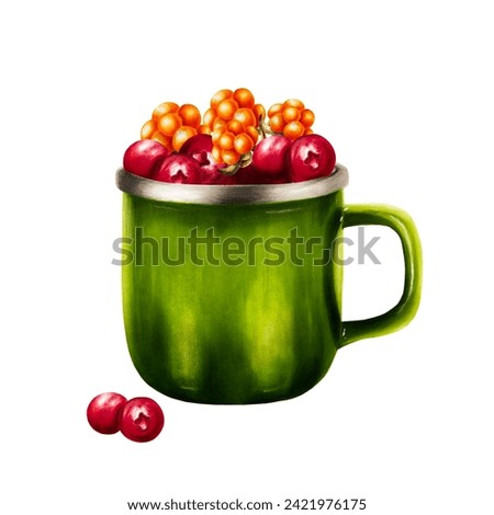 Watercolor illlustration of with cloudberry, lingonberry, cranberry and cowberry in metal green cup. Juicy summer composition isolated on white background. Clip art for designers, travel business, pos