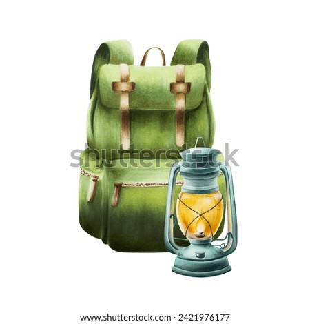 Watercolor oil kerosene lantern and camping backpack isolated illlustration. Mountin equipment for recreation tourism and adverture on white background. Clip art for autumn and winter decor, design