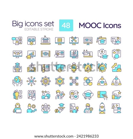 2D editable multicolor big line icons set representing MOOC, isolated vector, linear illustration.