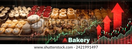 Assorted bread in a bakery overlaid with upward trending financial growth charts, symbolizing business success