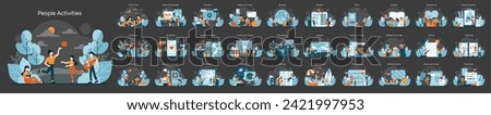 Diverse Interests Collection. A vibrant display of everyday pastimes. From family interactions to self-improvement and leisure activities. Cultural hobbies and modern entertainment. Flat vector Royalty-Free Stock Photo #2421997953