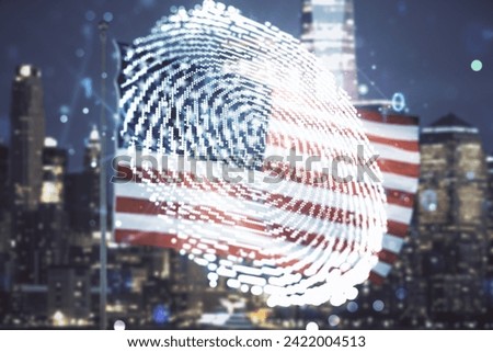 Multi exposure of virtual graphic fingerprint sketch on US flag and skyline background, fingerprint scan data concept