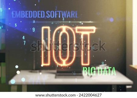 Double exposure of creative IOT hologram and modern desktop with laptop on background, research and development concept