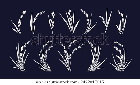 Rice plant, white grain. Vector silhouette set. Isolated logo for label, menu, package. Traditional food in asian countries Royalty-Free Stock Photo #2422017015
