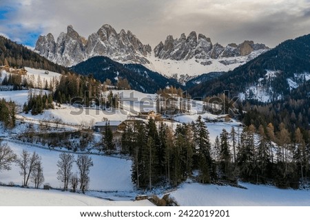 Scenic winter view of Odle (Geislergruppe) mountain group, Dolomites, Villnoss-Funes, South Tyrol, Italy Royalty-Free Stock Photo #2422019201