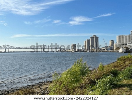 A landscape with greenery and the Mississippi River in the foreground with New Orleans downtown and bridge in background