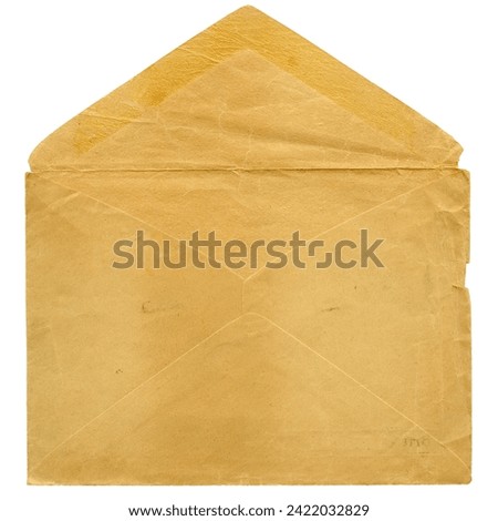 Back and inside of open vintage antique envelope, faded and torn, brown yellowed paper with texture and marks Royalty-Free Stock Photo #2422032829