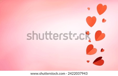Red and pink  flying hearts isolated on pink color background. . Paper cut decorations for Valentine's day border or frame design,