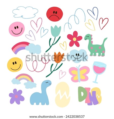 Hand drawn crayon icons of dinosaur, happy faces, doodles, flowers, butterfly, cloud, rainbow, butterfly for stickers, logo, clip arts, decoration, print, social media post, card, ads, frame, tattoo