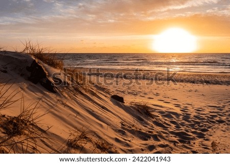 Horizontal crop of a golden sunset over the dune at the beach in Henley Beach, South Australia. Royalty-Free Stock Photo #2422041943