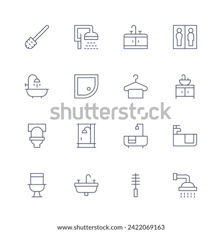 Bathroom icon set. Thin line icon. Editable stroke. Containing toiletbrush, shower, toilet, showerhead, sink, towel, bathtub, toilets.