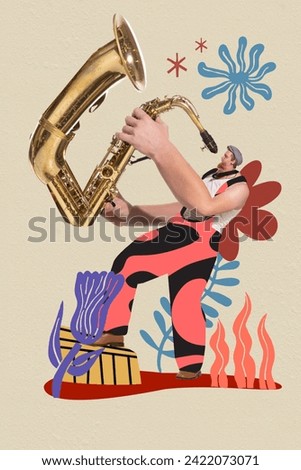 Artistic man playing giant saxophone over abstract floral background. Contemporary art collage. Concept of music festival, creativity, inspiration. Template for music events posters. Modern aesthetics